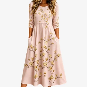 Gyllene | Magnolia Blomma Pocket Midi Klänning