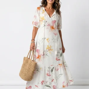 Noa | Mjuk Blommig Lager Tassel Midi Klänning
