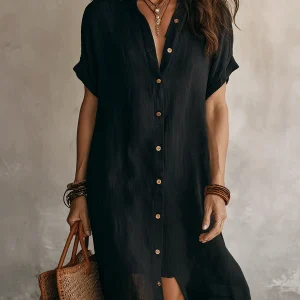 Kassandra | Modern Boho Avslappnad Svart Linne Midi Klänning