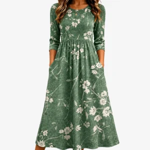Tatiana | Evergreen Bloom Avslappnad Pocket Midi Klänning