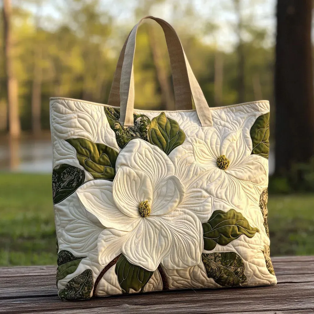 Malin | Hantverksmässig Vadderad Tote-väska - Eleganta Vita Liljor