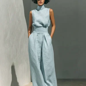Tatiana | Kvinnors minimalistiska set i bomull och linne med ärmlös blus och vida byxor